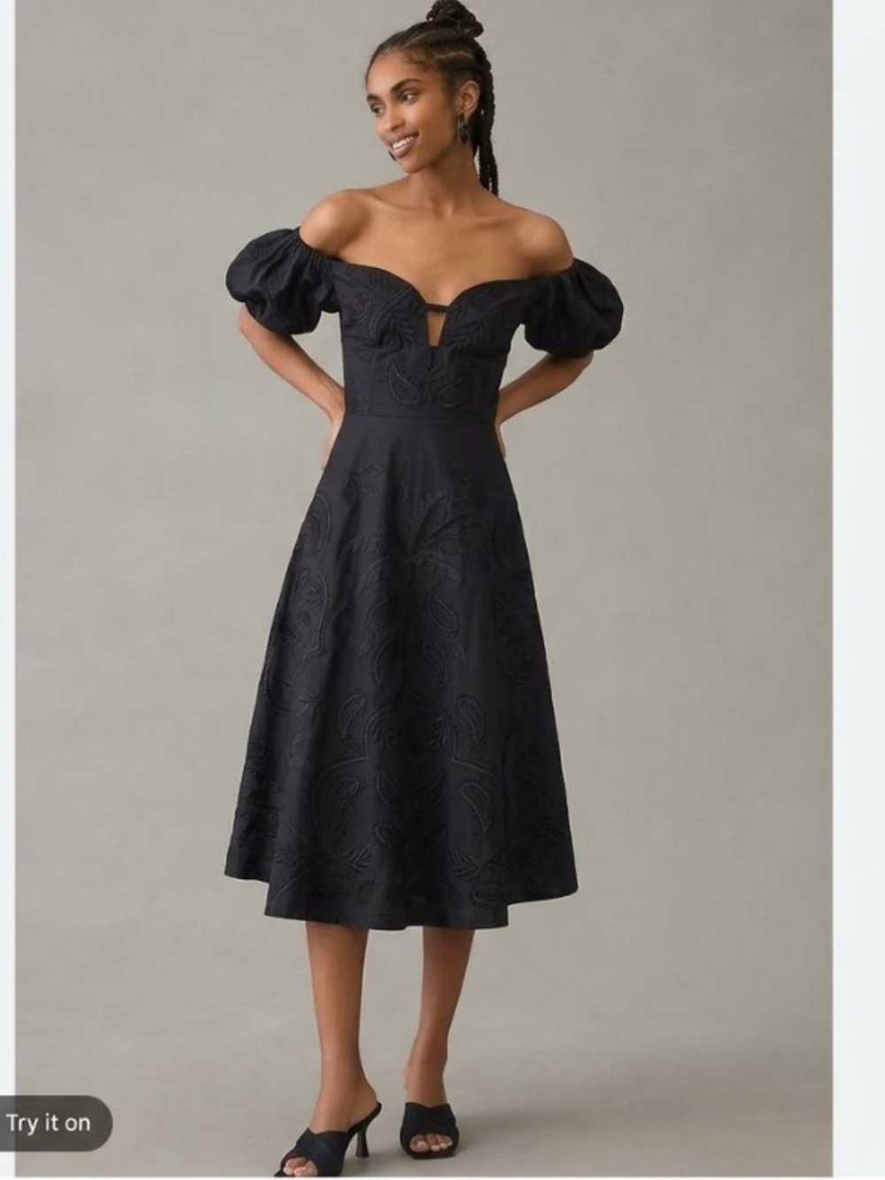 New Anthropologie Maeve Puff Sleeve Sweetheart Smocked Party Midi Black Dress 6